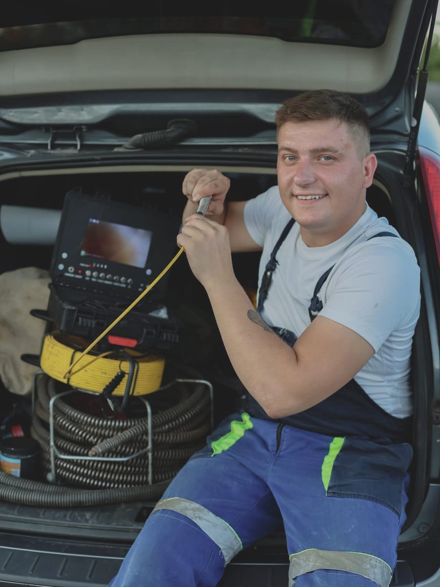 Майстер готує камеру для відеодіагностики каналізаційних труб